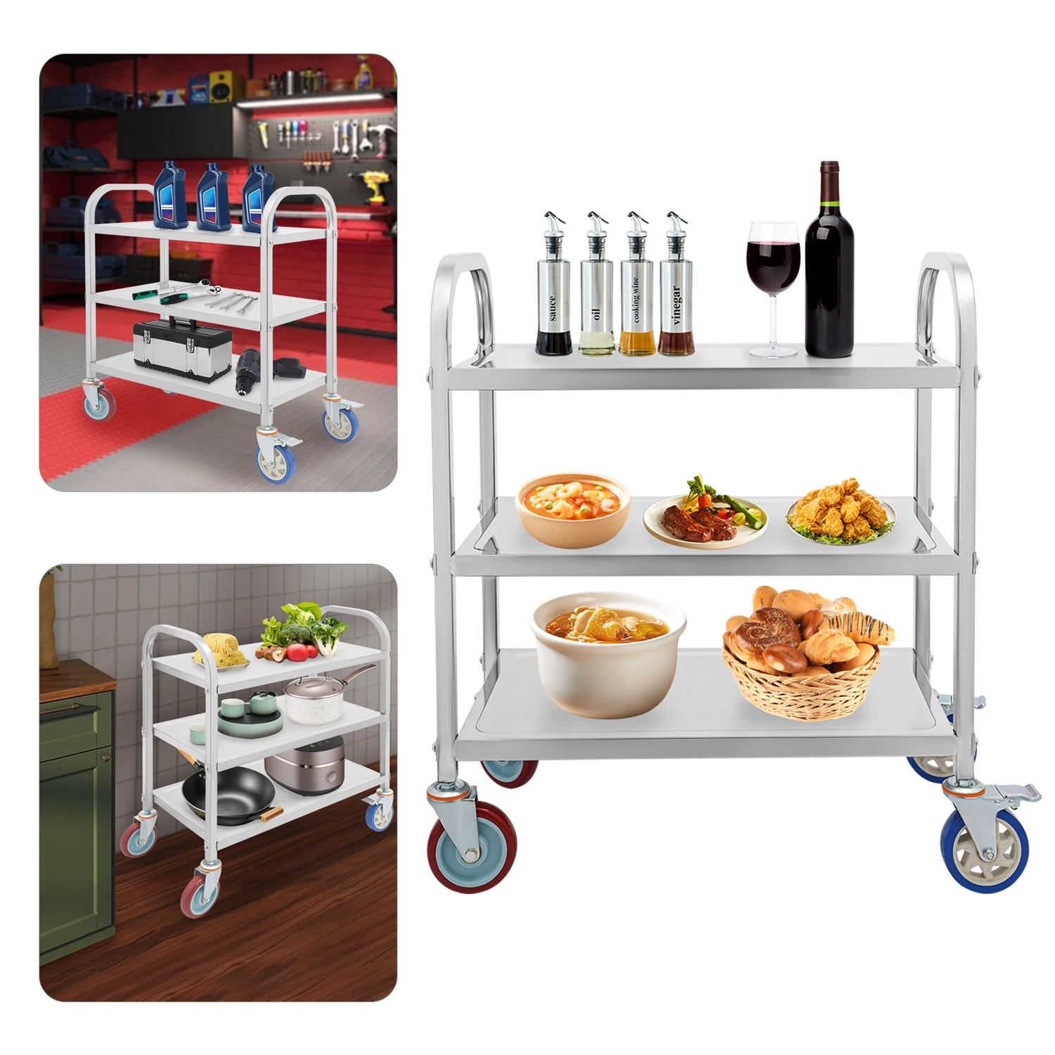 3 Tier Stainless Steel Kitchen Trolley Cart,   Utility Serving Storage Rolling Car Shelf, Kitchen Trolley Car