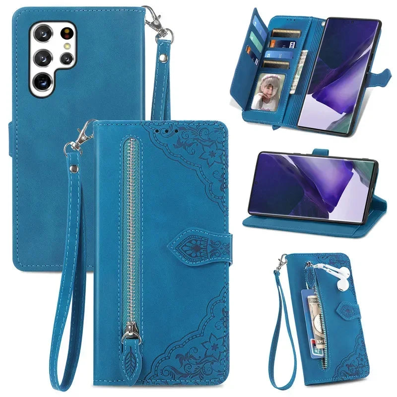 Lanyard Zipper Flip Wallet Card Cover For Samsung Galaxy S25 Edge S24 Ultra S23 Plus S22 S21 FE A17 Magnetic Leather Phone Case