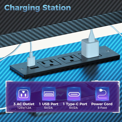 JHK 52In to 59In Gaming Desk with 3 Storage Drawers Wood Office Computer Desks with LED Lights Power Outlets for Office Bedroom