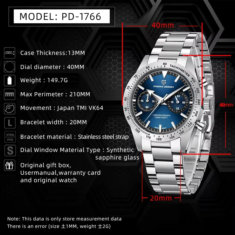 PAGANI DESIGN 2026 New Retro Mens Watches Moon Quartz Watch For Men Speed Sports Chronograph AR Sapphire VK64 Clock Reloj Hombre