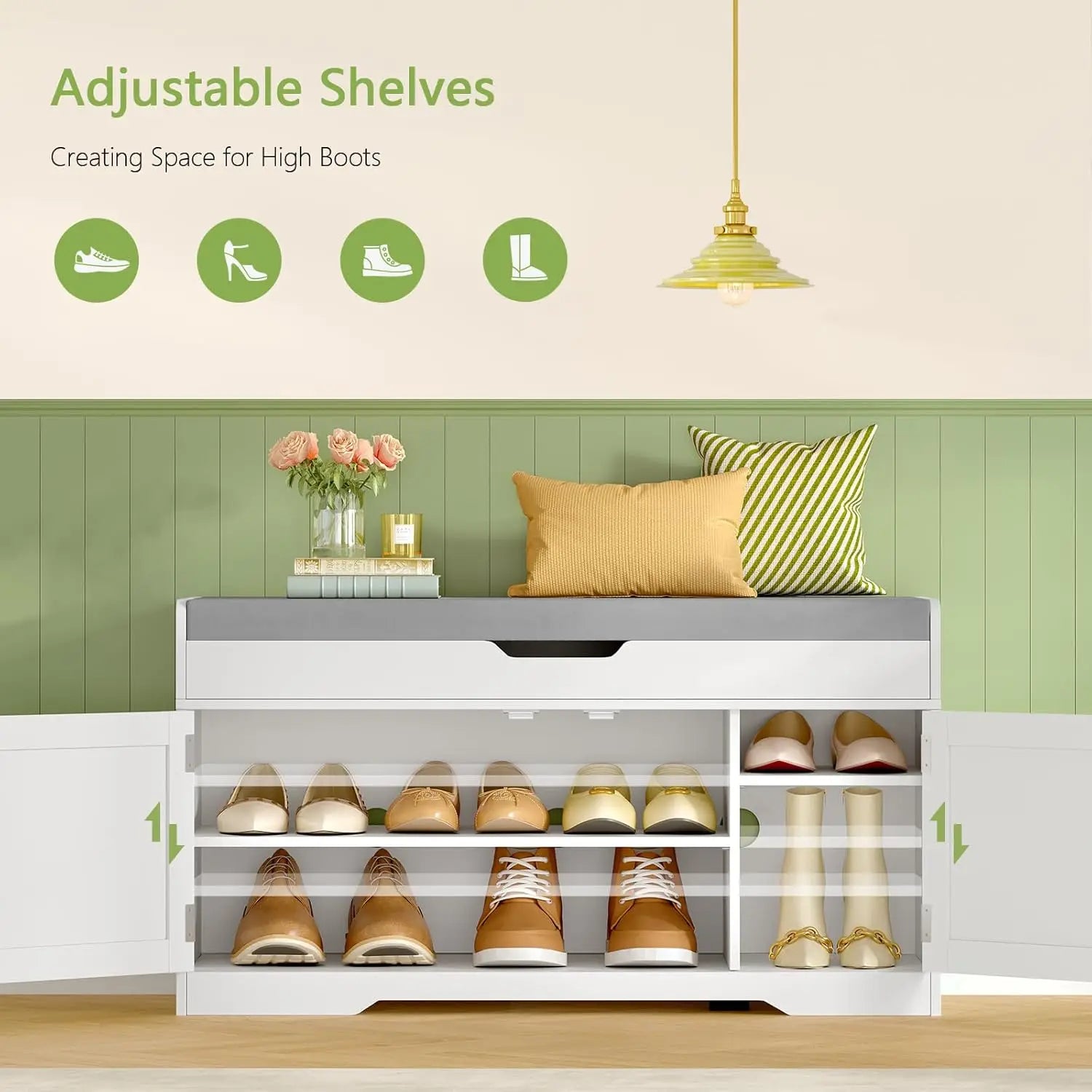 Shoe Bench with Lift Top Storage, Entryway Bench with Padded Seat Cushion, Shoe Storage Bench with 2 Adjustable Shelves