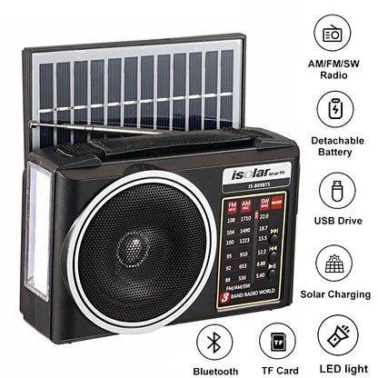 Portable FM/AM/SW Radio Solar Charging Multi Band Emergency Radios Receiver Bluetooth Speaker with Flashlight TF USB for Walk