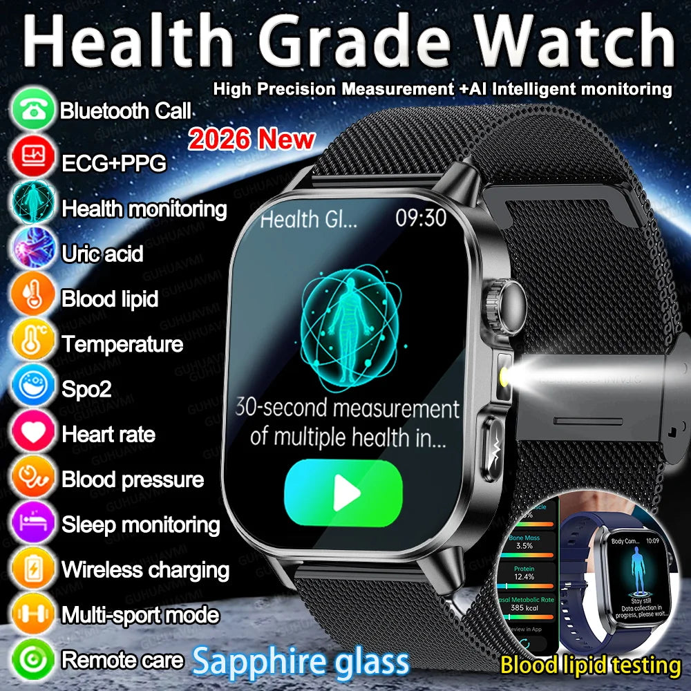 2026New ECG+PPG AI Health Diagnose Smart Watch Men Women Clock Blood Lipid BP Uric Acid Heart rate Tracker HD Call Smart Watch