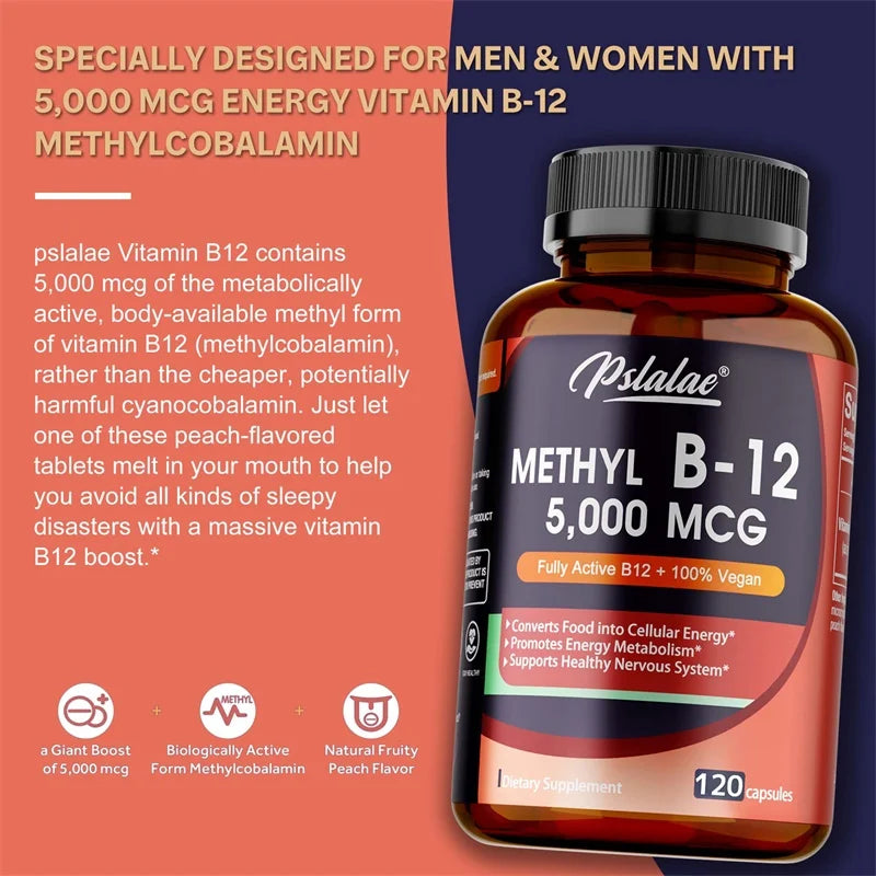 Vitamin B12 - 5000 MCG Supplement -Benefits Brain &amp; Heart Function, Supports Memory, Learning, Helps Boost Natural Energy