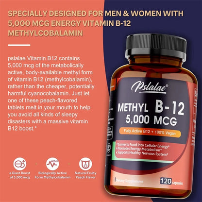 Vitamin B12 - 5000 MCG Supplement -Benefits Brain &amp; Heart Function, Supports Memory, Learning, Helps Boost Natural Energy
