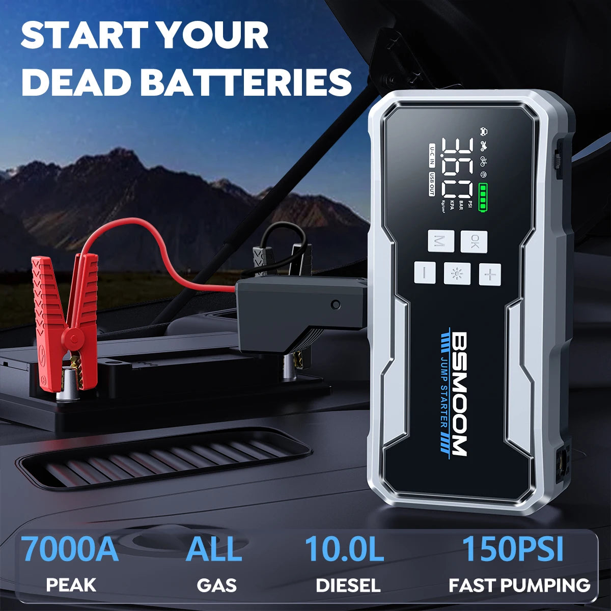 Car Emergency Jump Starter Air Pump 6000A/7000A Peak Tire Inflator Car Emergency Jump Starter With LED Light Power Bank