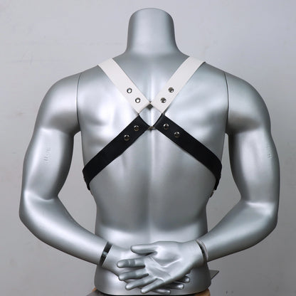 Men Chest Harness Belt Black and White Punk Body Harness Belt, Buckle Clothes Outfits Shoulder Straps Nightclub Cosplay Clubwear