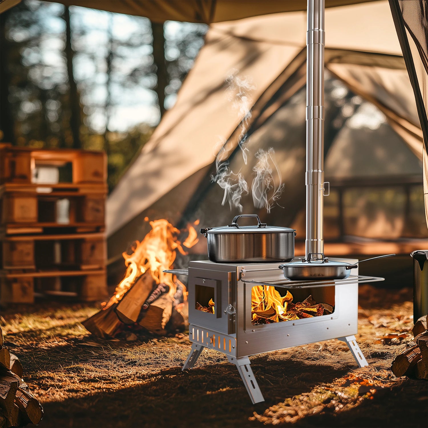 Wisfor Portable Hot Tent Stove,Wood Burning Stove for Camping, Tent Stove With View Glass, Large Stainless Steel Camping Stove
