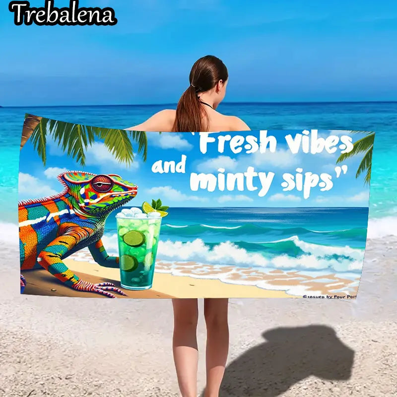 30*60inch Ultra-Soft Beach Towel with Tropical Chameleon Fresh Vibes Beach Towel