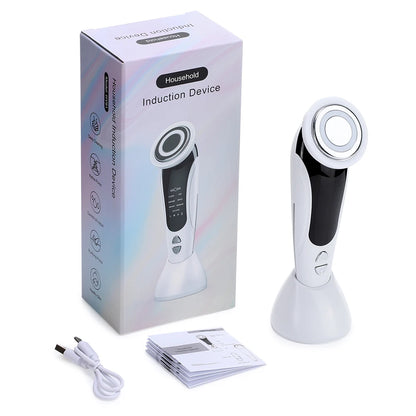 7 in 1 EMS Facial Massager Face Beauty Instrument with Induced Vibration and Hot Compress Face Skin Care Tool LED Light Therapy