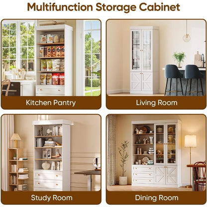 71" high rustic white farmhouse kitchen pantry cabinet with glass doors &amp; adjustable shelves