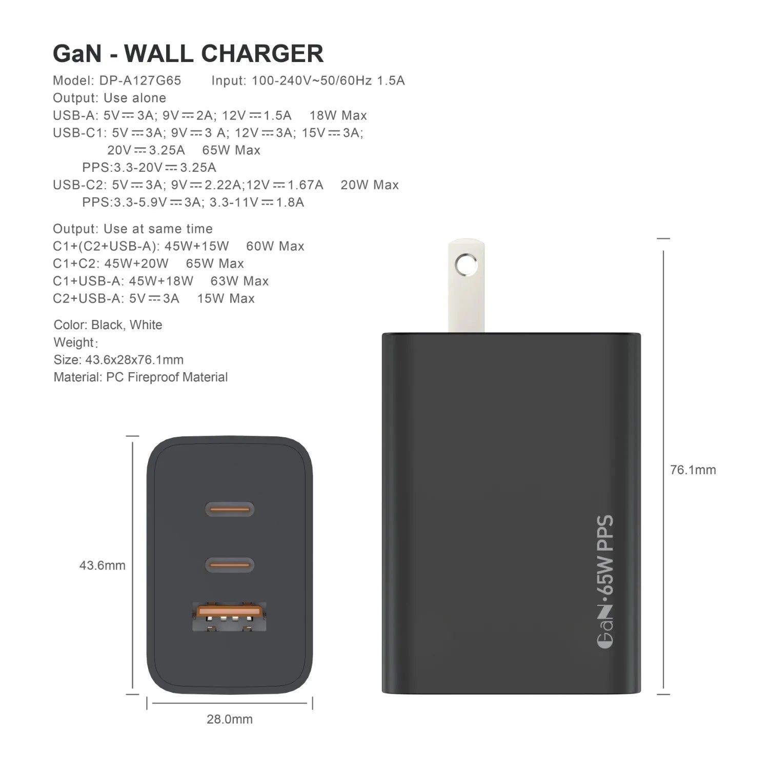 65W GaN USB C Charger 3-Port Fast Charging Adapter for Laptop &amp; Phone