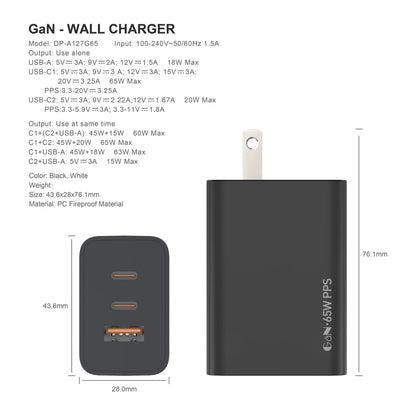 65W GaN USB C Charger 3-Port Fast Charging Adapter for Laptop &amp; Phone