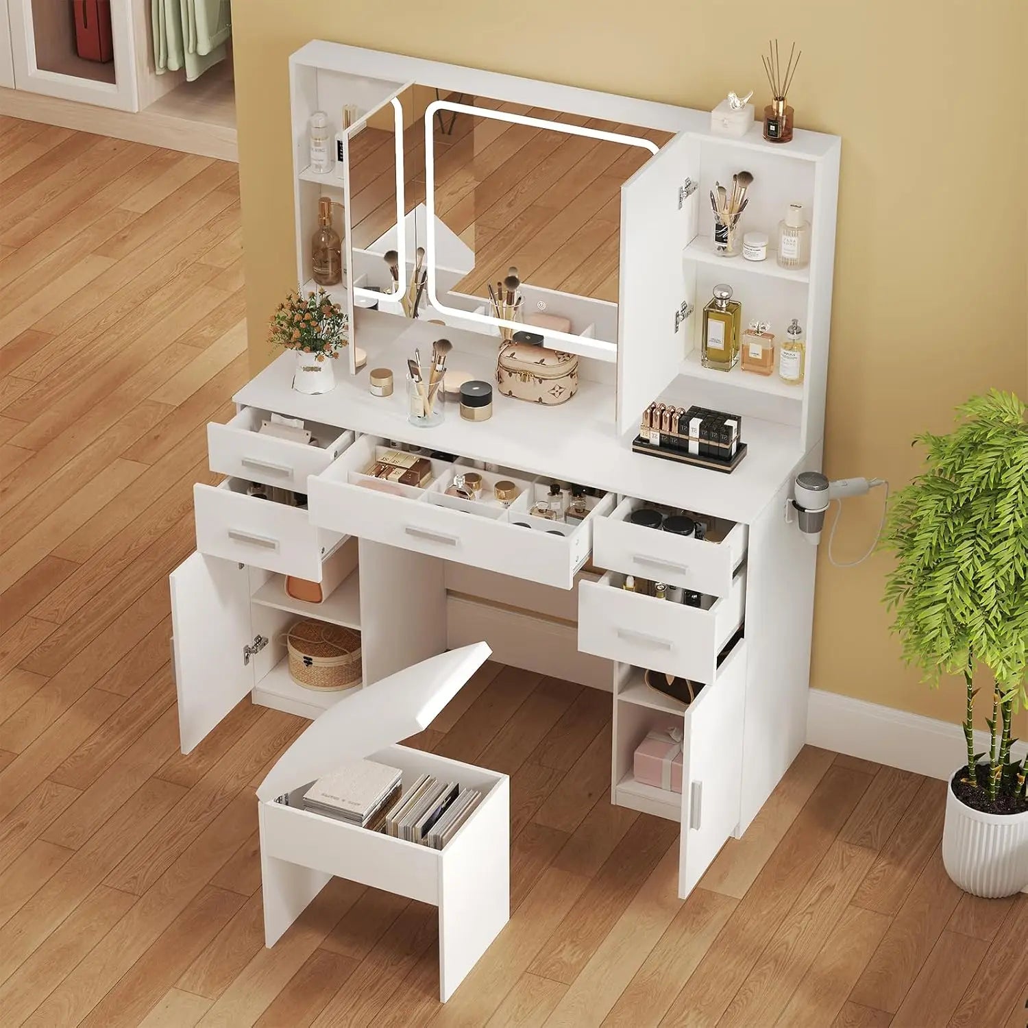 Vanity Desk with Mirror and Lights, Vanity Tables with 9 Drawers, Makeup Vanity with Tri-Folding 3 Colors Lighting, Customized