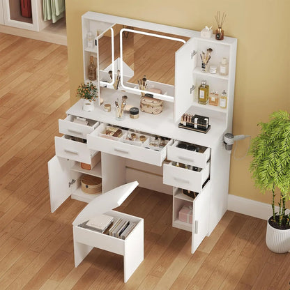 Vanity Desk with Mirror and Lights, Vanity Tables with 9 Drawers, Makeup Vanity with Tri-Folding 3 Colors Lighting, Customized