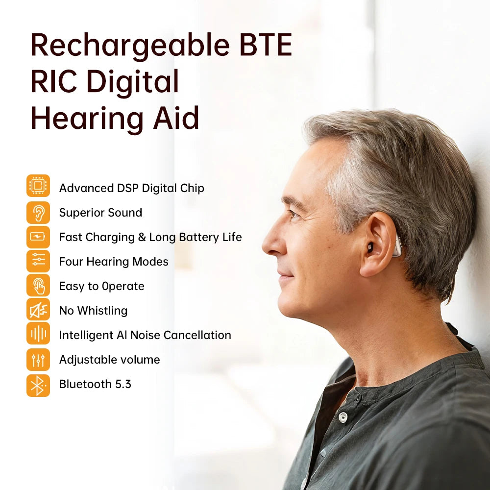 Mirasing Hearing Aids，Bluetooth RIC Hearing Aid - 2025 Rechargeable BTE with Noise Cancelling &amp; Charging Case