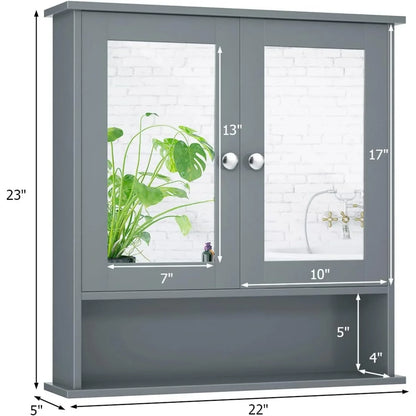 Bathroom Cabinet Wall Mounted with Double Mirror Doors, Wooden Hanging Organizer with Doors and Shelves, Bathroom Wall Mirror