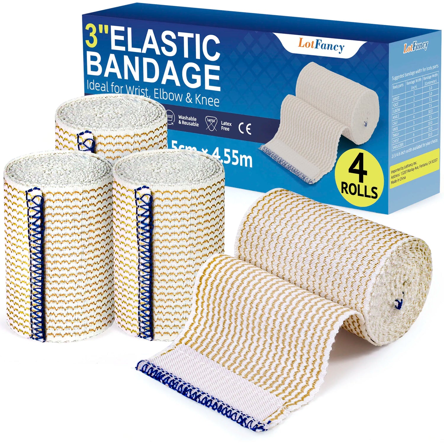4 Rolls 3 inch x 5 yds Elastic Bandage Wrap, Cotton Compression Bandage Wrap with Self-Closure,Support &amp; First Aid for Sports