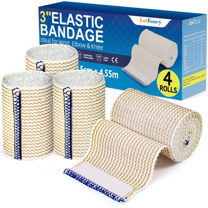 4 Rolls 3 inch x 5 yds Elastic Bandage Wrap, Cotton Compression Bandage Wrap with Self-Closure,Support &amp; First Aid for Sports