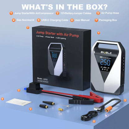 Car Emergency Jump Starter Air Pump 6000A/7000A Peak Tire Inflator Car Emergency Jump Starter With LED Light Power Bank