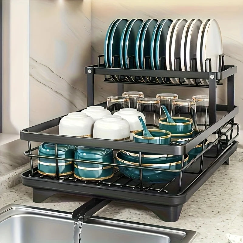 2-Layer Elevated Capacity Drain Rack with Water Tray Rust-Proof Dish Organizer for 4-6 Family Home Commercial Kitchens