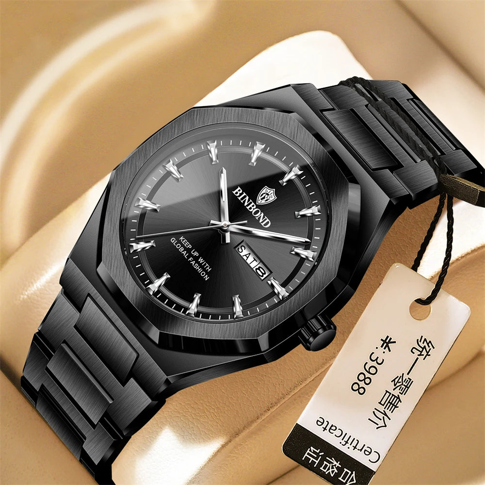 BINBOND Luxury Quartz Man Wristwatch Sport Men Watches Waterproof Luminous Date Week Stainless Steel Men&