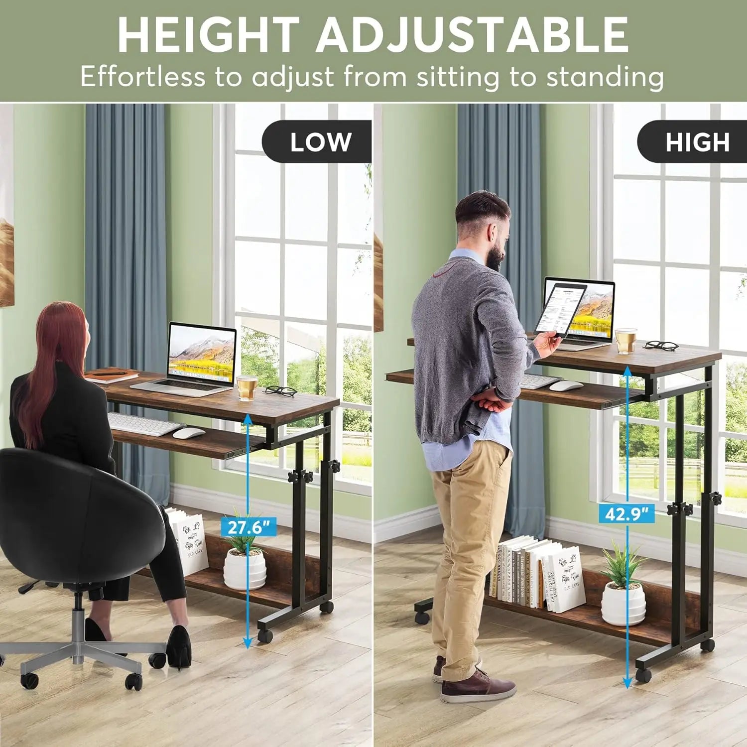 Portable Desk for Sofa and Bed,Height Adjustable Laptop Table,Rolling Computer Cart with Keyboard Tray on Wheels for Home Office