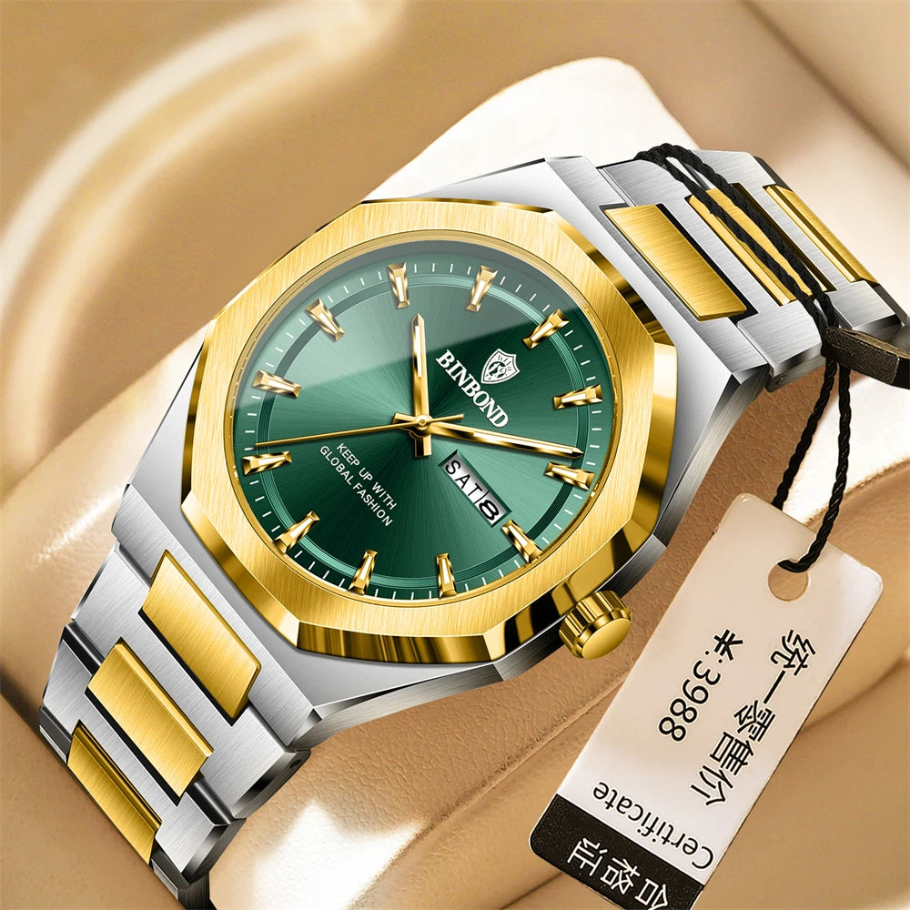 BINBOND Luxury Quartz Man Wristwatch Sport Men Watches Waterproof Luminous Date Week Stainless Steel Men&