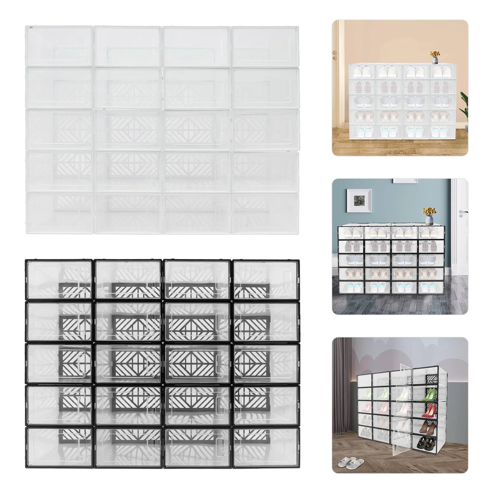20 Pcs Shoe Storage Box Transparent PP Plastic Shoe Cabinet Moisture &amp; Dust Proof Modern Organizer Black/White