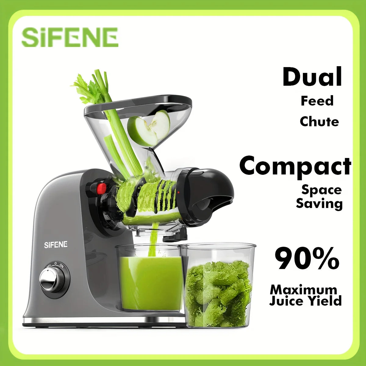 SiFENE Cold Press Juicer - Slow Masticating, High Yield for Fruits &amp; Veggies, Dual-Mouth, Anti-Clog, Easy Clean, BPA-Free, Gray