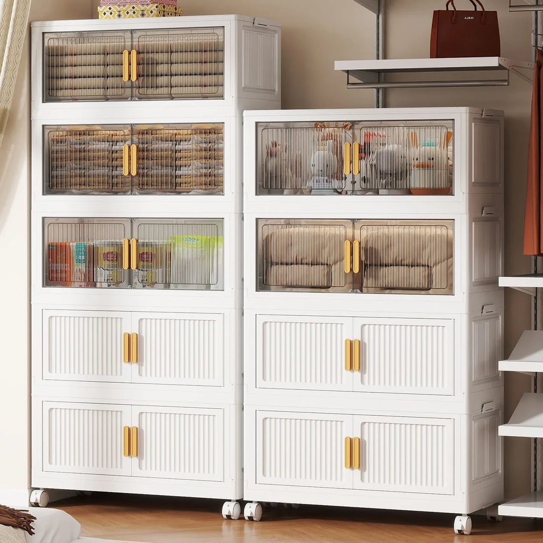 Oversized 3/4/5-Tier Foldable Storage w/ Wheels - No Assembly, Magnetic Doors, Clothes/Toys/Books - Living/Bedroom/Office