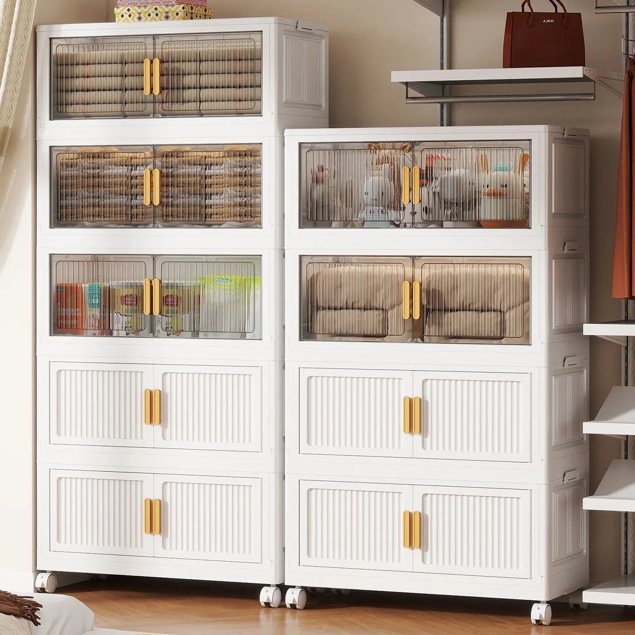 Oversized 3/4/5-Tier Foldable Storage w/ Wheels - No Assembly, Magnetic Doors, Clothes/Toys/Books - Living/Bedroom/Office