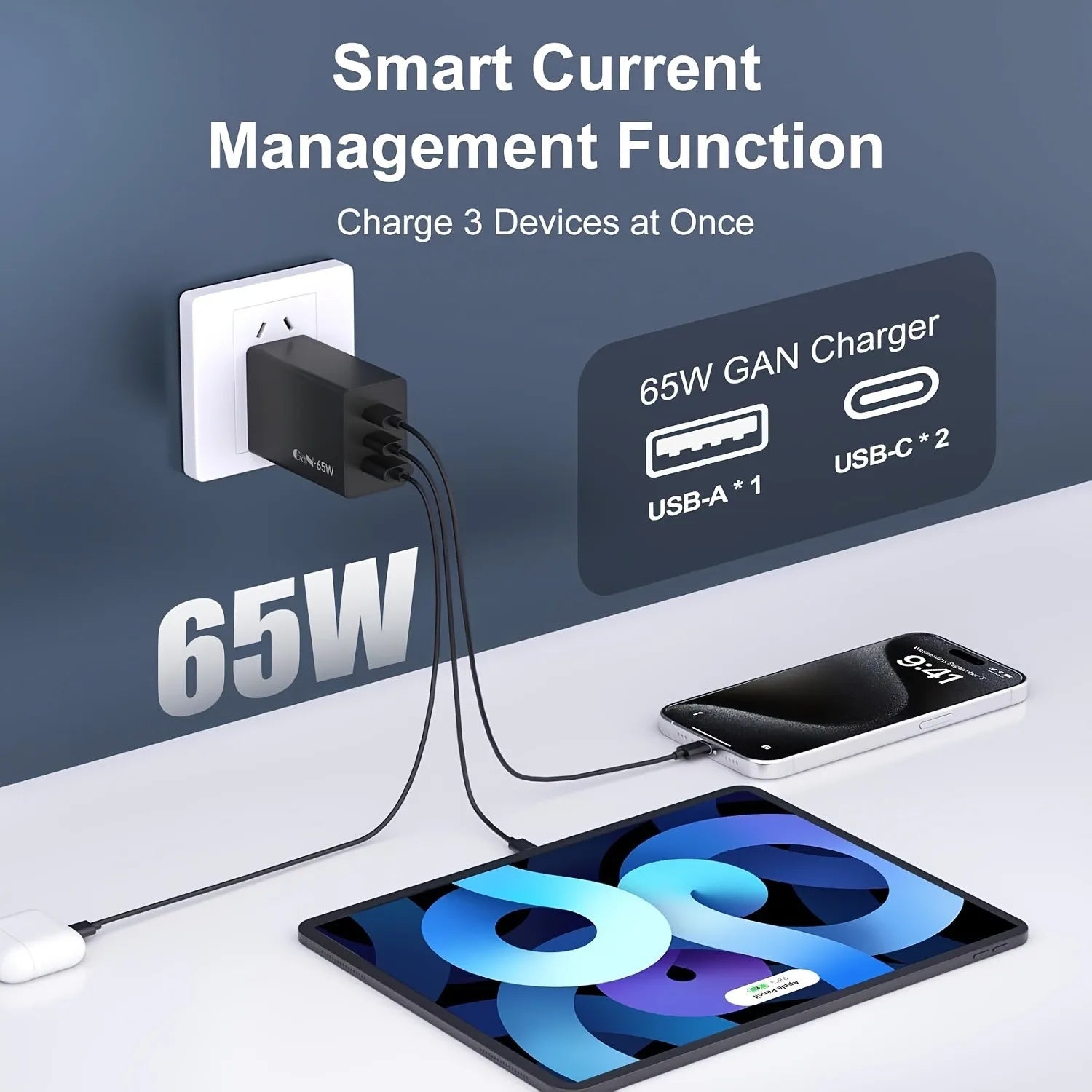 65W GaN USB C Charger 3-Port Fast Charging Adapter for Laptop &amp; Phone
