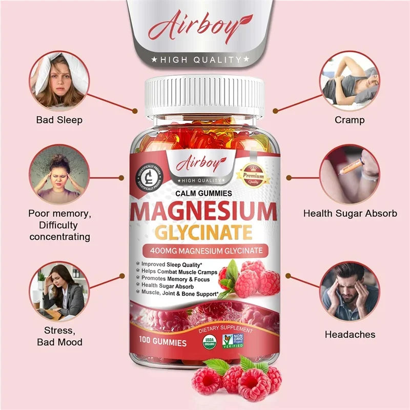 Magnesium Glycinate Gummies - Calm, Relieves Stress, Promotes Sleep, Support Memory, Concentration &amp; Muscle Spasms - 120pcs