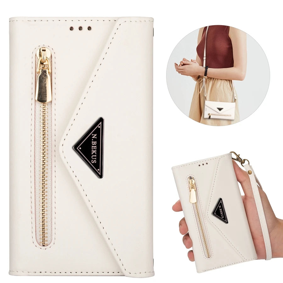 Zipper Wallet Leather Case for iPhone 14 13 15 Pro Max 12 Mini 11 X XR XS 8 7 6 6S Plus Se2022 Multi Card Solt Cover Hand Strap