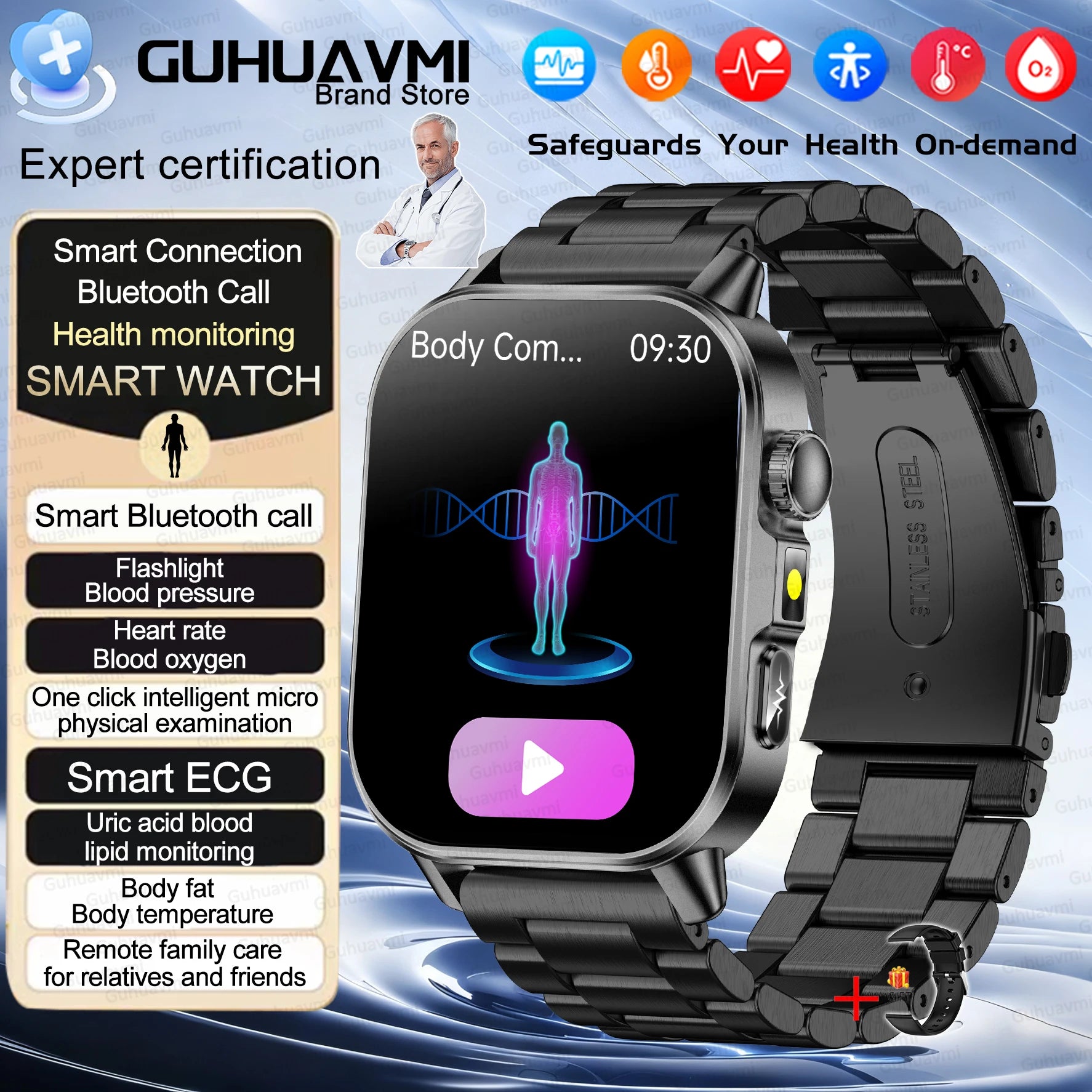 2026New ECG+PPG AI Health Diagnose Smart Watch Men Women Clock Blood Lipid BP Uric Acid Heart rate Tracker HD Call Smart Watch