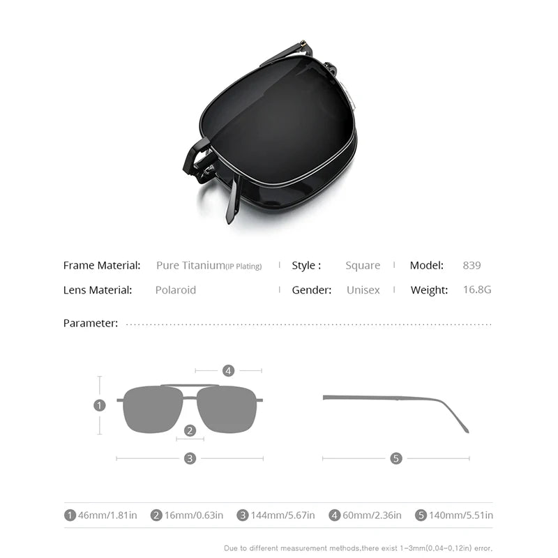 FONEX Pure Titanium Polarized Sunglasses Men Folding Square Sun Glasses for Women Ultralight High-Quality Japanese Shades 839