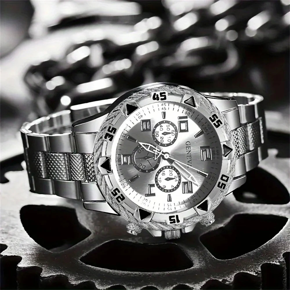 2pcs/set Men Business Watches Fashion Arabic Dial Steel Band Male&
