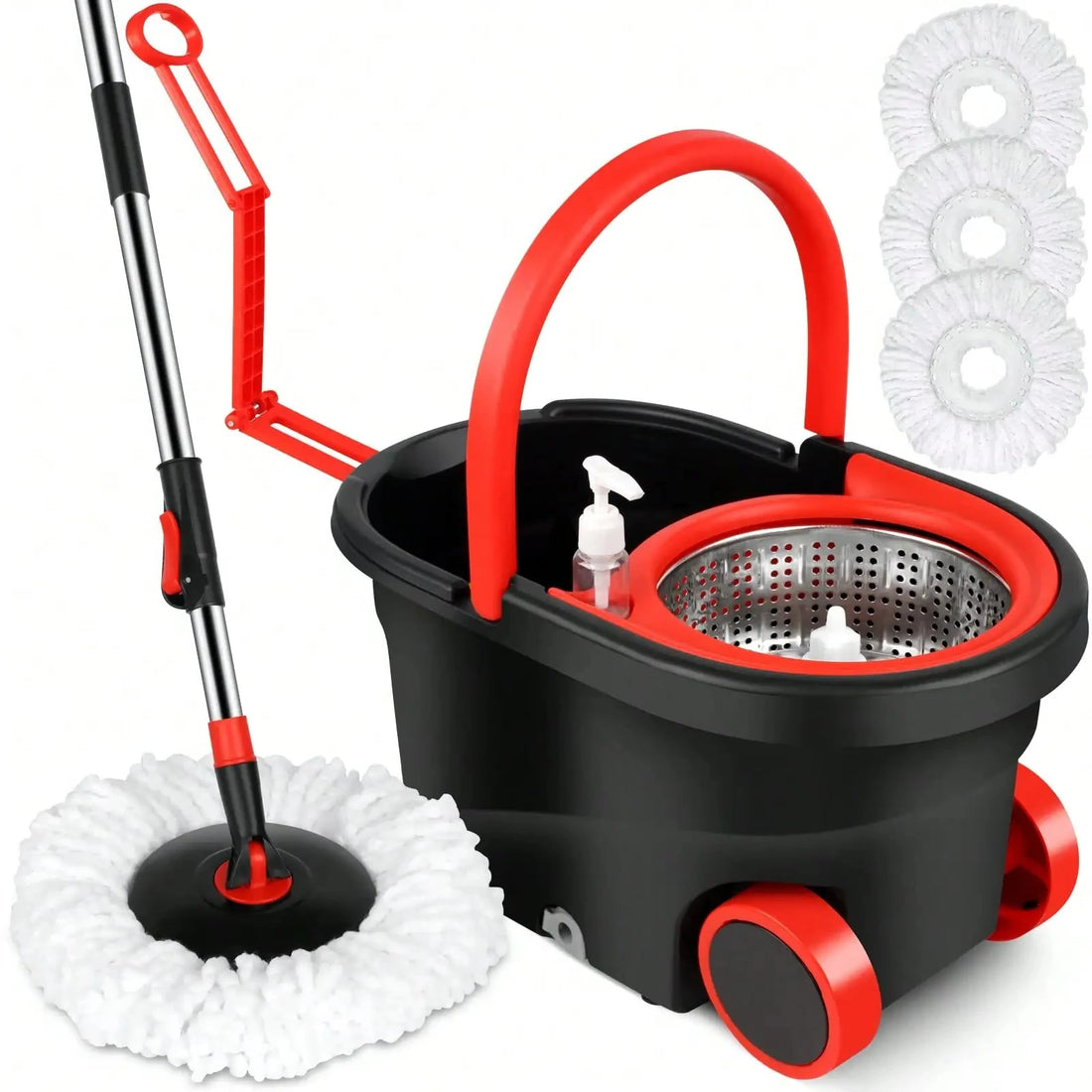 Heavy Duty Rolling Spin Mop Bucket Set with Wringer, 3 Microfiber Mop Heads, Adjustable Handle for Home Floor Cleaning”