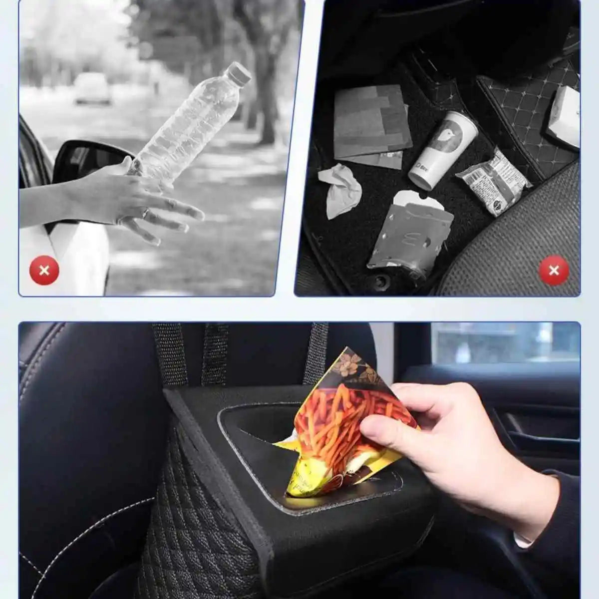 Car Trash Can with Lid - Leakproof PU Leather Auto Garbage Bin, Removable Waterproof Liner, Hanging Car Trash Can for SUV, Truck