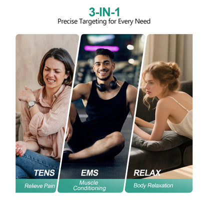 3-in-1 TENS EMS Unit Wireless, Dual Channel Muscle Stimulator 25 Intensities 8 Areas App Control Back Pain Relief Therapy