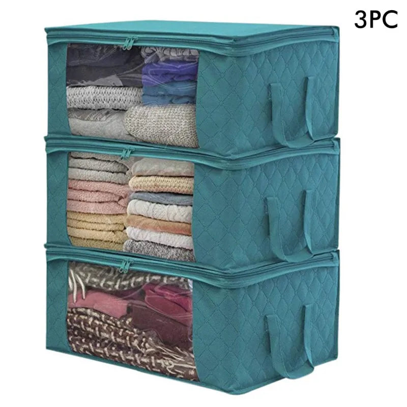 1/3pcs Large Capacity Clothing Storage Box Folding Non Woven Fabric Quilts Clothes Organizer Case With Zipper Organizers