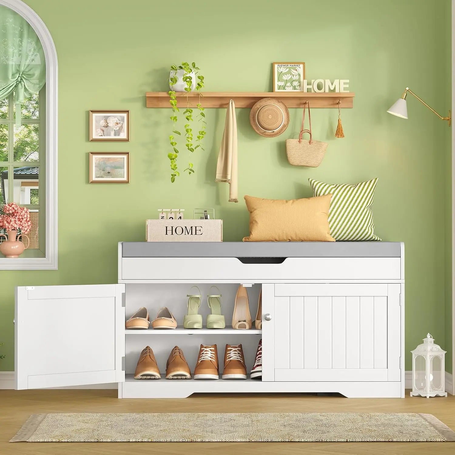 Shoe Bench with Lift Top Storage, Entryway Bench with Padded Seat Cushion, Shoe Storage Bench with 2 Adjustable Shelves