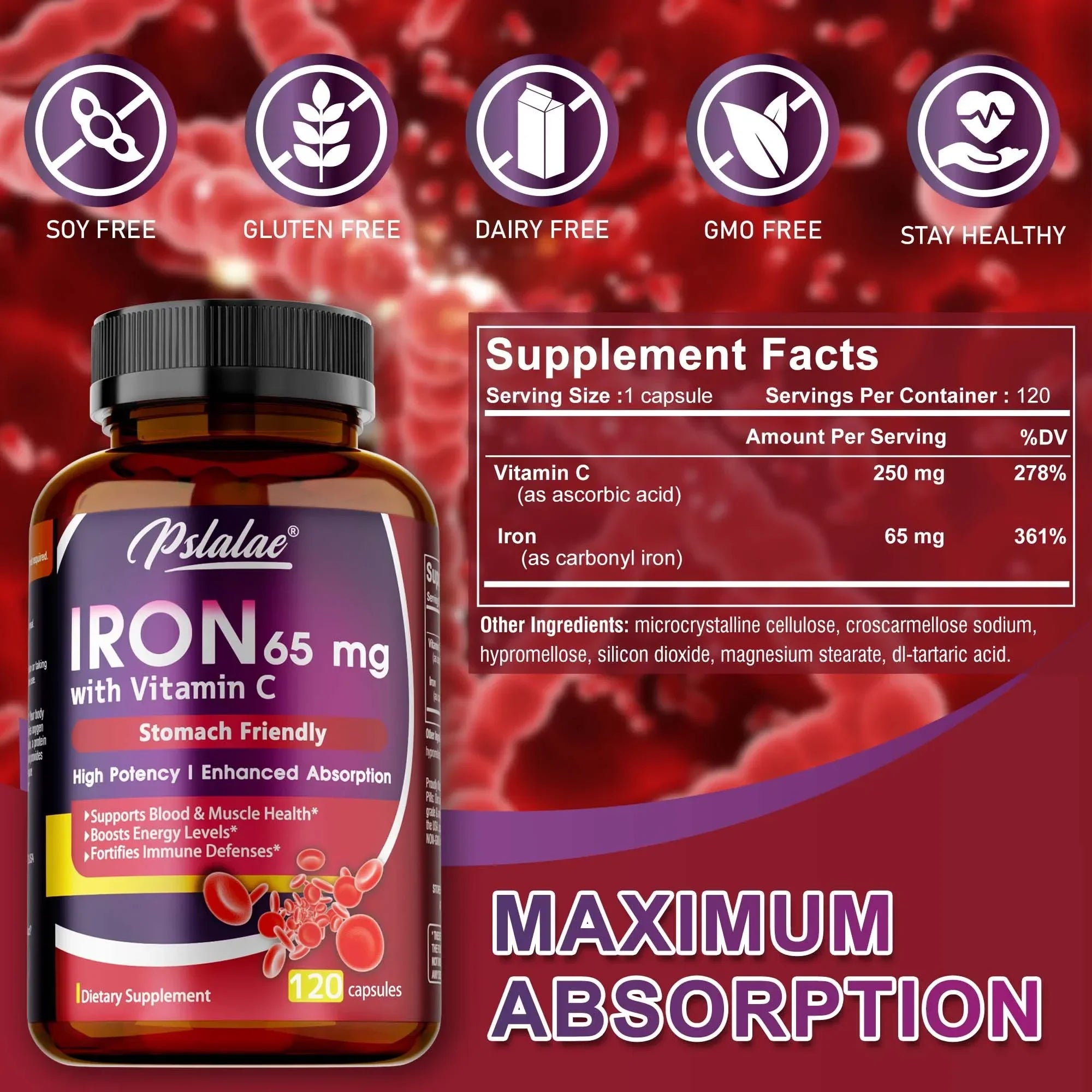 Iron Supplement 65 mg with Vitamin C - Maximized Absorption, Increase Energy,Maintain A Healthy Immune System and Brain Health