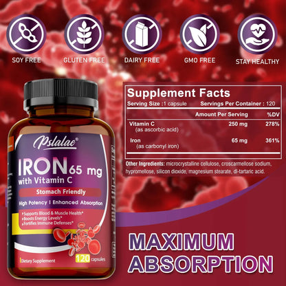 Iron Supplement 65 mg with Vitamin C - Maximized Absorption, Increase Energy,Maintain A Healthy Immune System and Brain Health