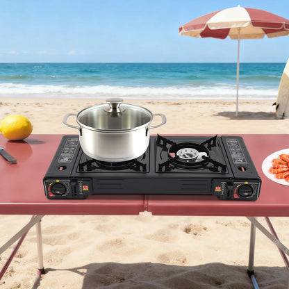 2 Burners Portable Gas Stove with Piezo Ignition and Carrying Case 2x2500W High Power LPG/Butane for Camping Picnics Parties