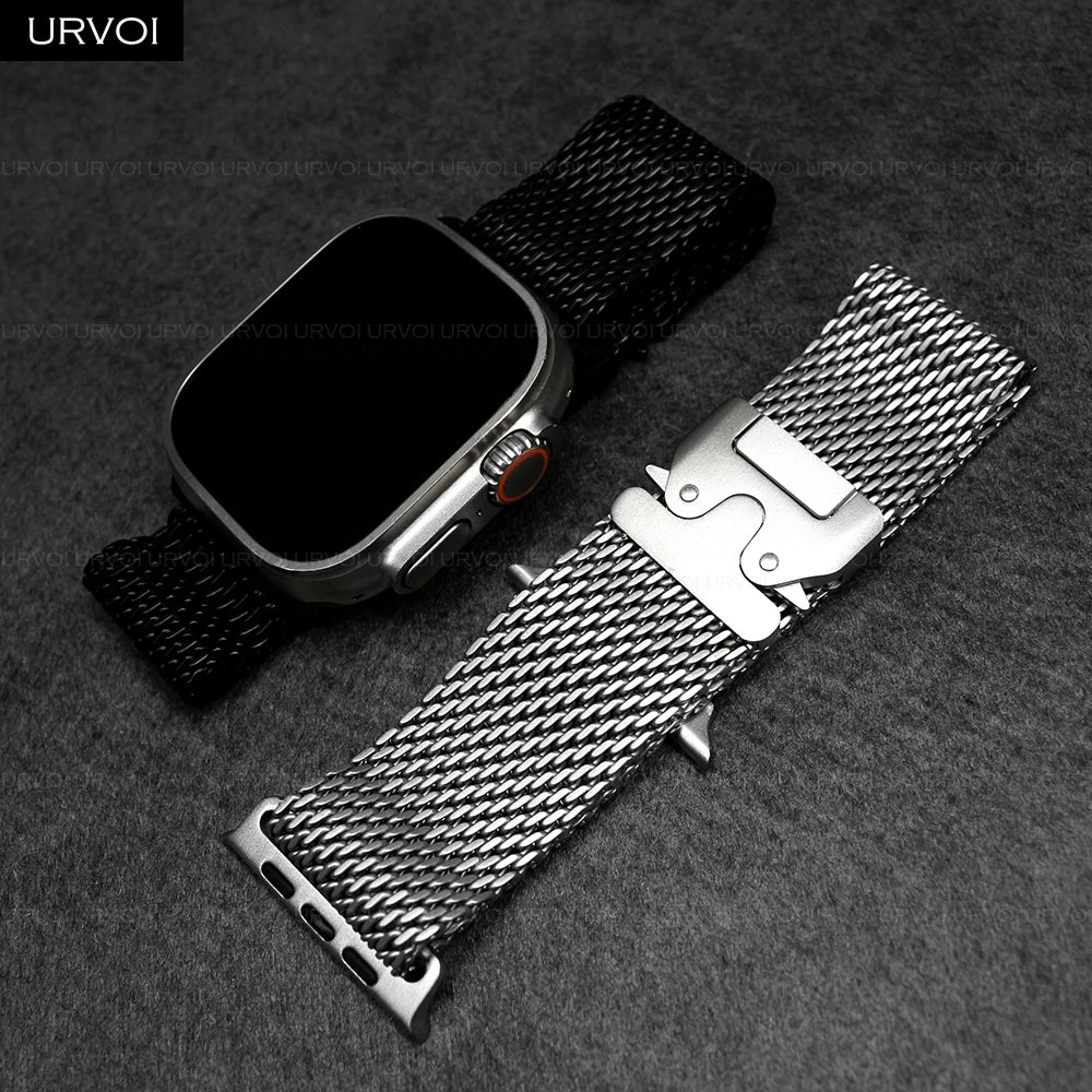 URVOI Band for Apple Watch Ultra 3 2 Series 11 10 9 8 SE stainless steel mesh strap for iWatch secure parachute buckle 46 49mm