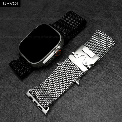 URVOI Band for Apple Watch Ultra 3 2 Series 11 10 9 8 SE stainless steel mesh strap for iWatch secure parachute buckle 46 49mm