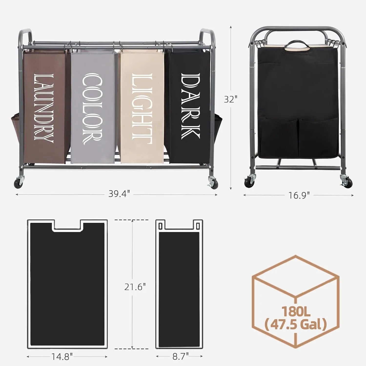 Laundry Sorter, Laundry Divider with Side Pockets,Multi Laundry Separator Hamper with Removable Bags and Rolling Lockable Wheels