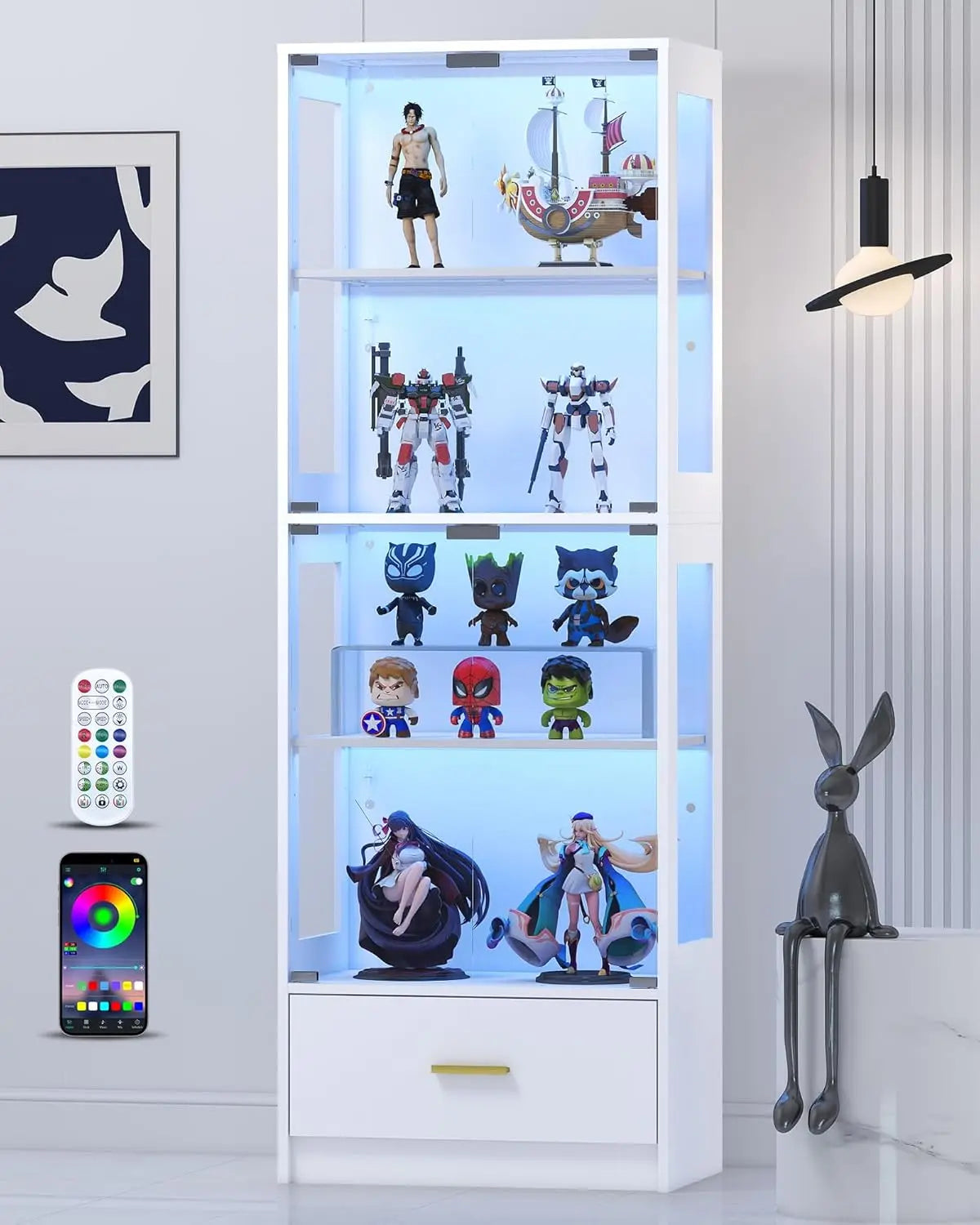 Display Cabinet with Glass Doors - 67" Curio Cabinet with RGB LED Lights and Drawer for Collectibles, 4 Tier Glass, Customized